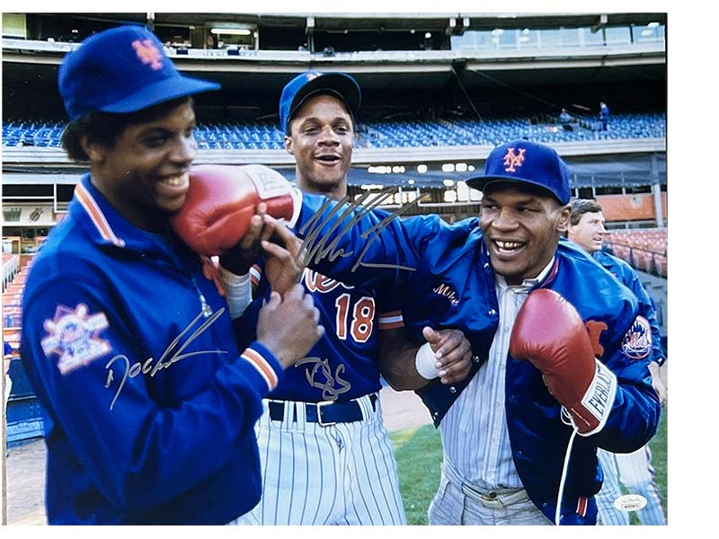Doc Gooden & Daryl Strawberry Signed New York Mets Photo W/ Mike Tyson 16x20 JSA