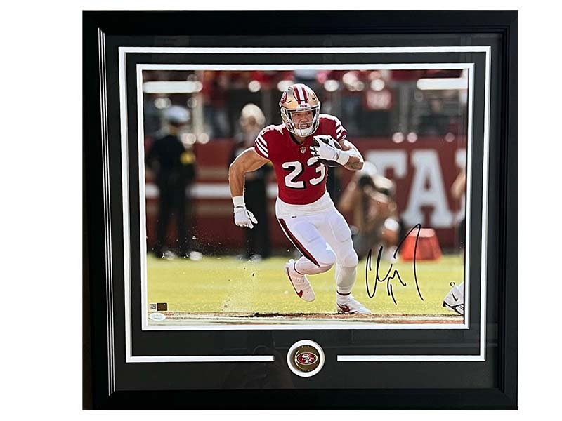 San Francisco 49ers Christian McCaffrey Autographed Framed Red Jersey  Beckett BAS Witness