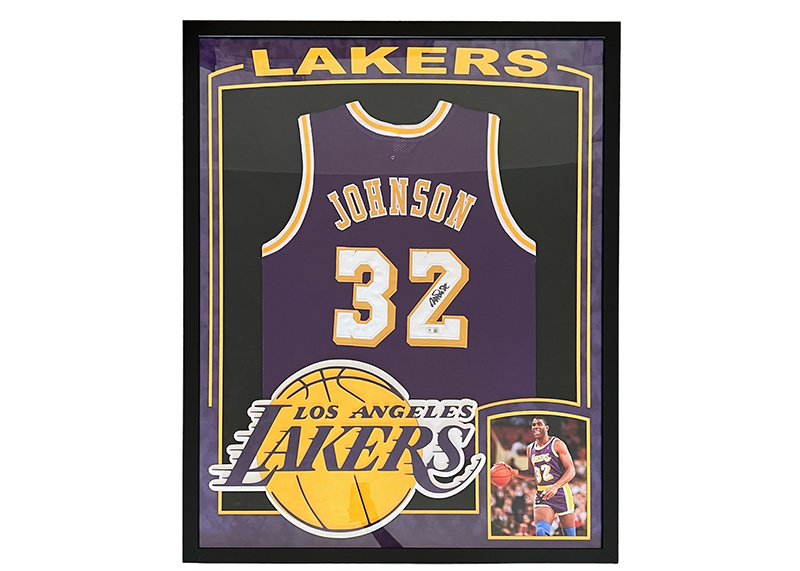 Magic Johnson Signed Los Angeles 34x42 3D Logo Farmed Basketball Jersey (Blackett)