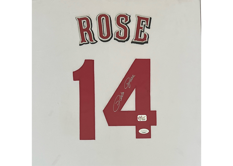 Pete Rose Autographed Cincinnati 32x36 Framed Baseball Jersey JSA