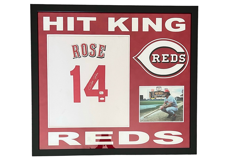 Pete Rose Autographed Cincinnati White 32x36 Framed Baseball Jersey JSA