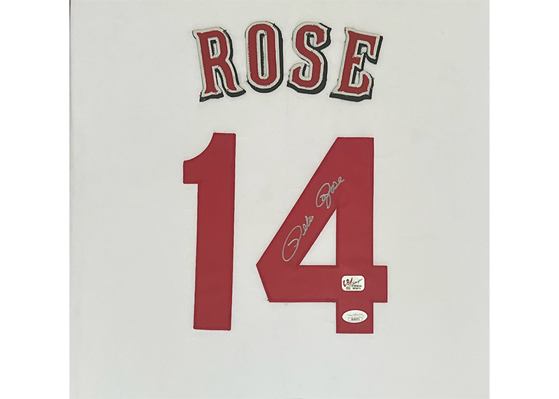 Pete Rose Signed Cincinnati Stats 32x36 Framed Baseball Jersey JSA