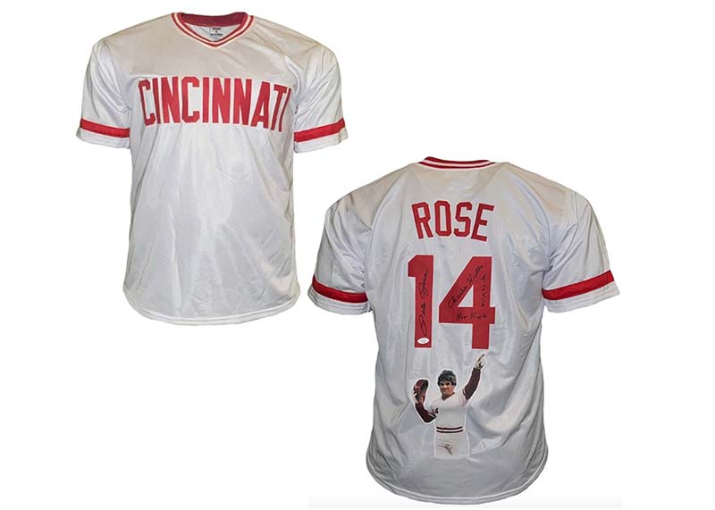 Pete Rose Signed Cincinnati White Baseball Jersey JSA Hit king, Charlie hustle and 4256 inscription￼