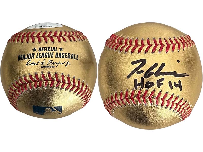 Tom Glavine Autographed Rawlings Official MLB Gold Baseball (JSA) HOF Inscription