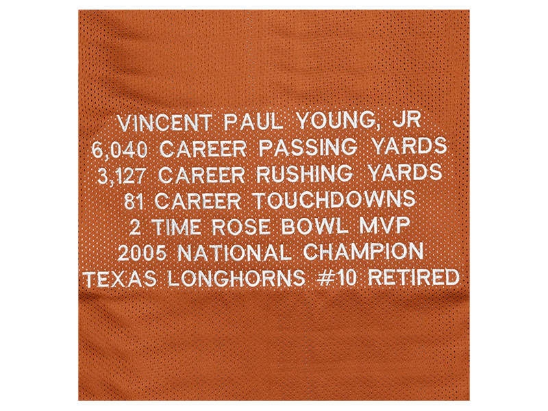 Vince Young Autographed Texas College Orange Stats Football Jersey (JSA)