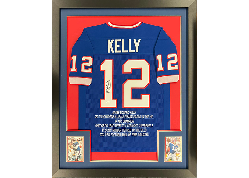 Jim Kelly Autographed Buffalo Framed Blue Stats Jersey JSA 35”x44”