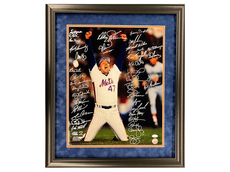 39 Signature 1986 Mets Team Autographed ( Signed ) Last Out Inscription 16x20 Framed Photo On-Field Celebration JSA