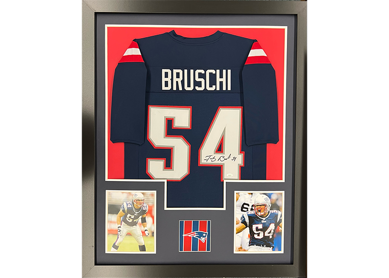 Tedy Bruschi Autographed Framed Blue Football Jersey 35x44 (JSA)