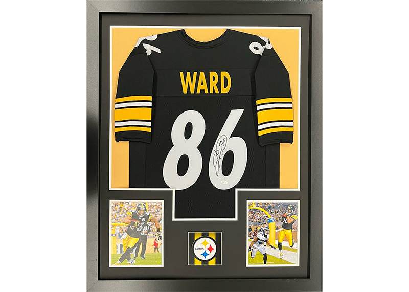 Hines Ward Autographed Framed Black Football Jersey 35x44 (JSA)
