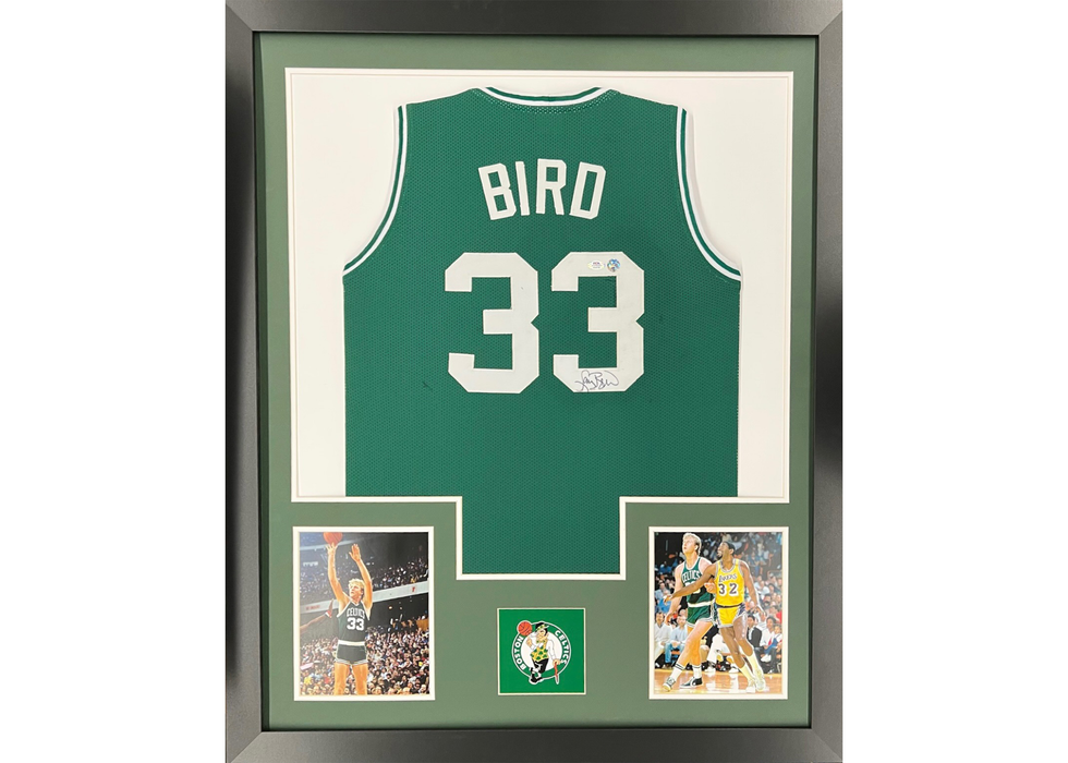 Larry Bird Autographed Framed Green Boston Jersey 35”x44 (PSA)