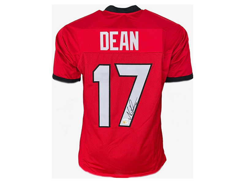 Nakobe Dean Autographed Collage Red Football Jersey (JSA