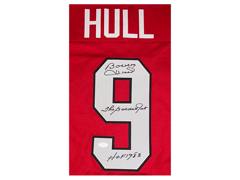 Bobby Hull Autographed Red Pro Style Hockey Jersey 1983 HOF Inscription (JSA)