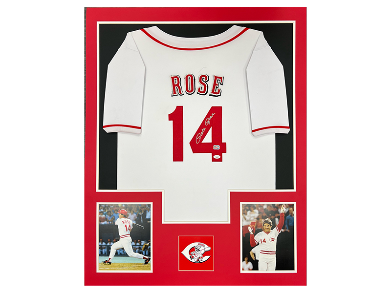 Pete Rose Autographed White Framed Jersey 35”x44” (JSA)