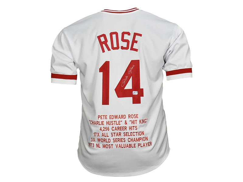 Pete Rose Autographed Cincinnati White Stats Baseball Jersey JSA