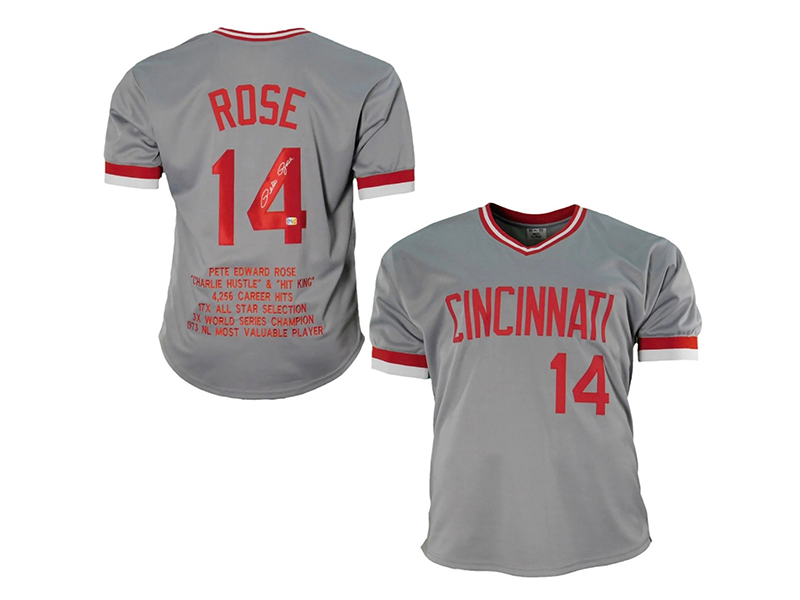 Pete Rose Autographed Cincinnati Gray Baseballs Stats Jersey JSA – Golden  Autographs