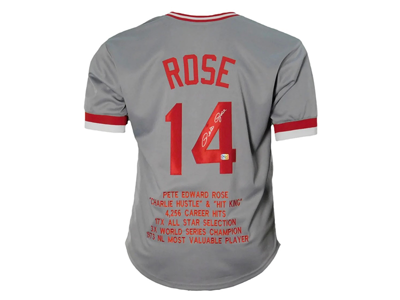 Pete Rose Autographed Cincinnati Gray Baseballs Stats Jersey JSA