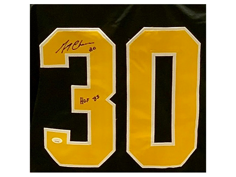 Gerry Cheevers Boston Autographed Hockey Jersey Black (JSA) HOF 85 Inscription