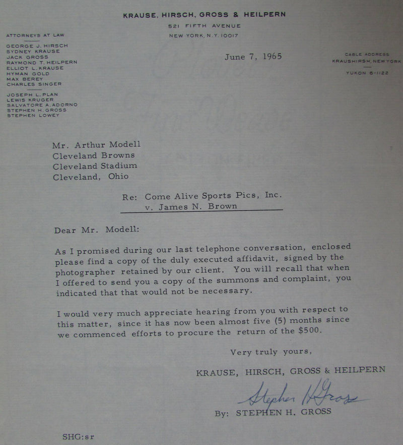 1965 Letters To and From Art Modell about Jim Brown Picture Lawsuit 145103