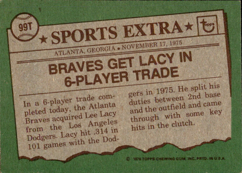 Lee Lacy Autographed 1976 TOPPS Card #99T Atlanta Braves 183409