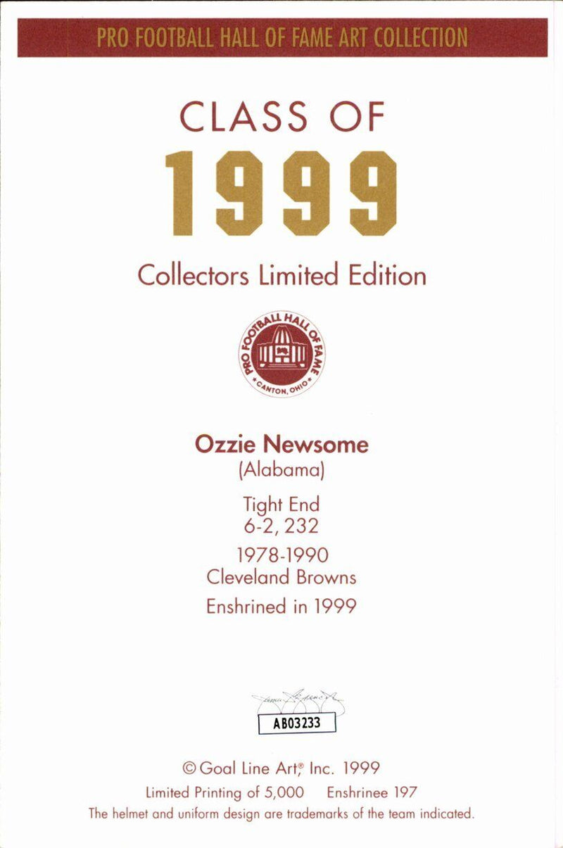 Ozzie Newsome HOF Browns Signed/Inscr Goal Line Art GLAC Postcard JSA 167121