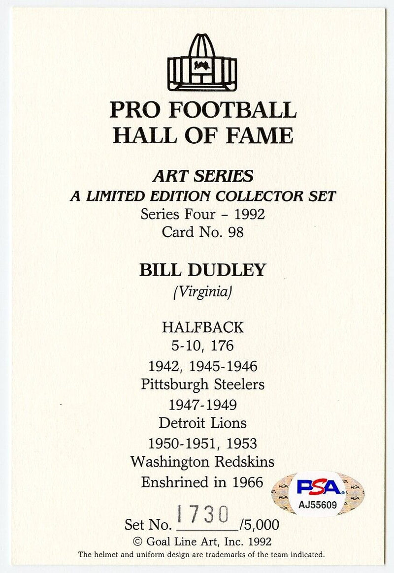 Bullet Bill Dudley Signed Goal Line Art Postcard w/HOF Steelers PSA/DNA 160084