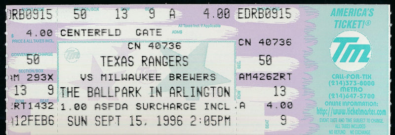 Nolan Ryan Rangers Full Ticket September 15, 1996 Rangers vs. Brewers 186490