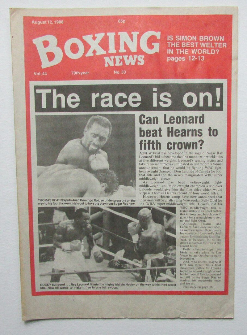 August 12, 1988 Boxing News Magazine Thomas Hearns Sugar Ray Leonard