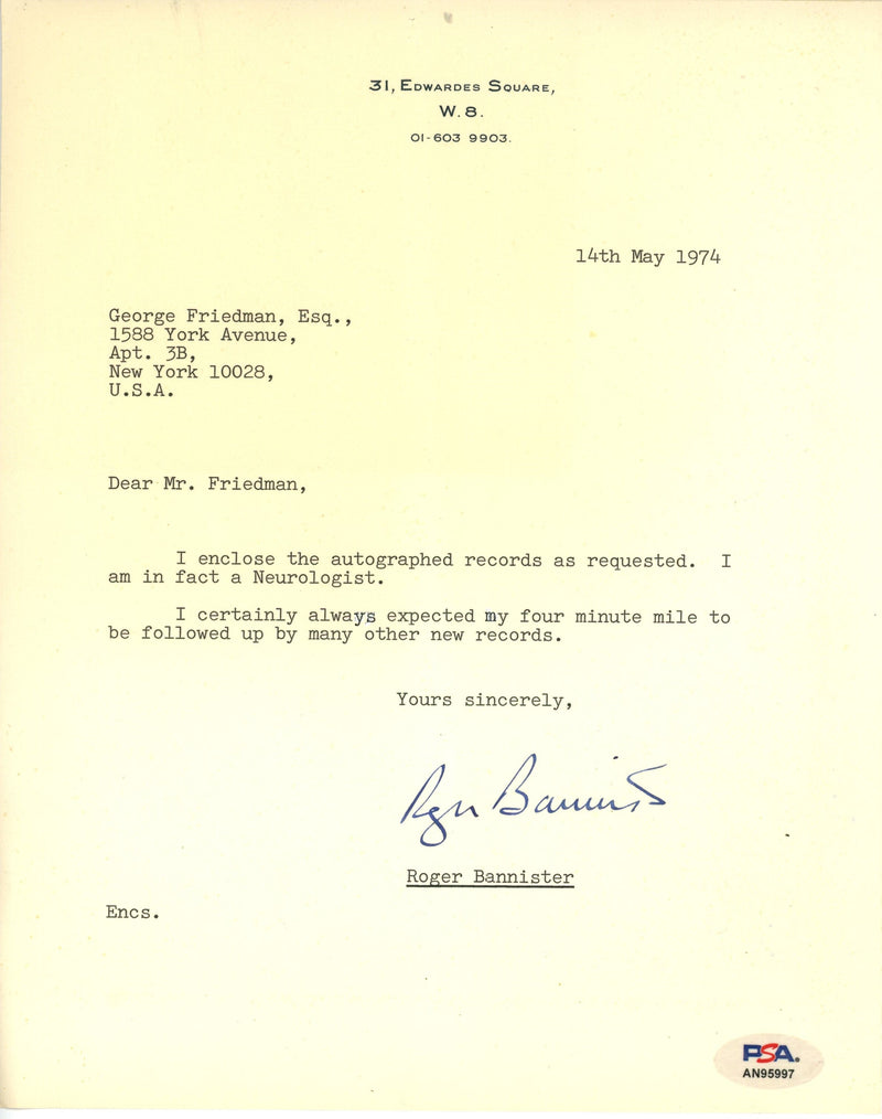 Roger Bannister Distance Runner Signed (TLS) Typed Letter Signed PSA/DNA 192086