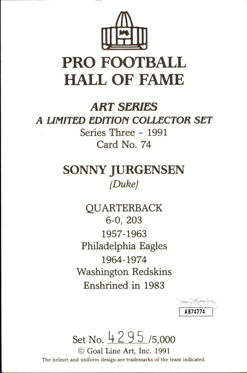 Sonny Jurgensen HOF Autographed Goal Line Art GLAC Postcard Redskins JSA