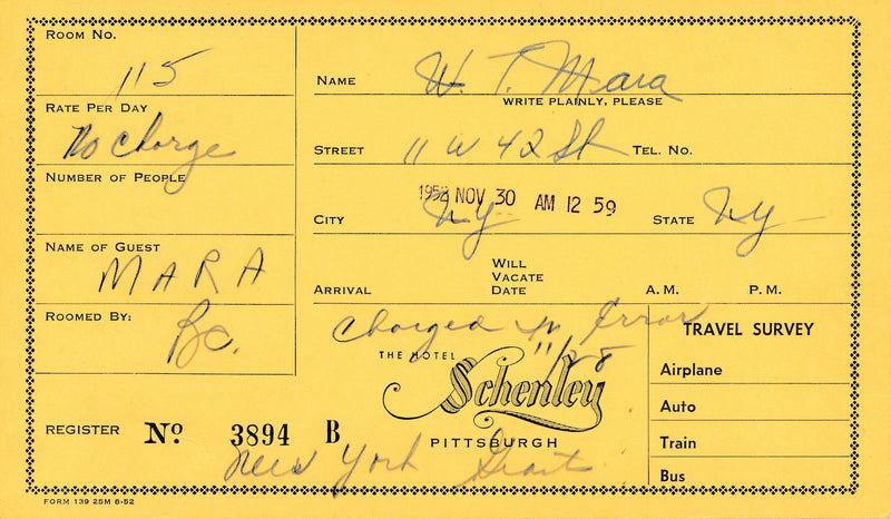 Wellington Mara New York Giants Signed Hotel of Schenley Reservation Card 145341