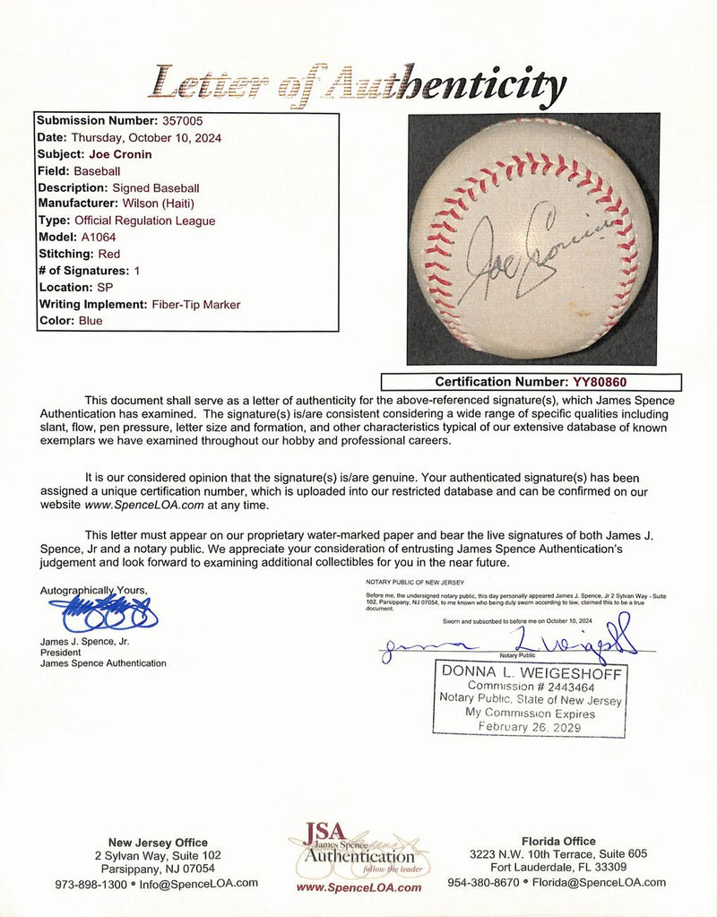 Joe Cronin HOF Signed Wilson Official Size Baseball Boston Red Sox JSA 191767
