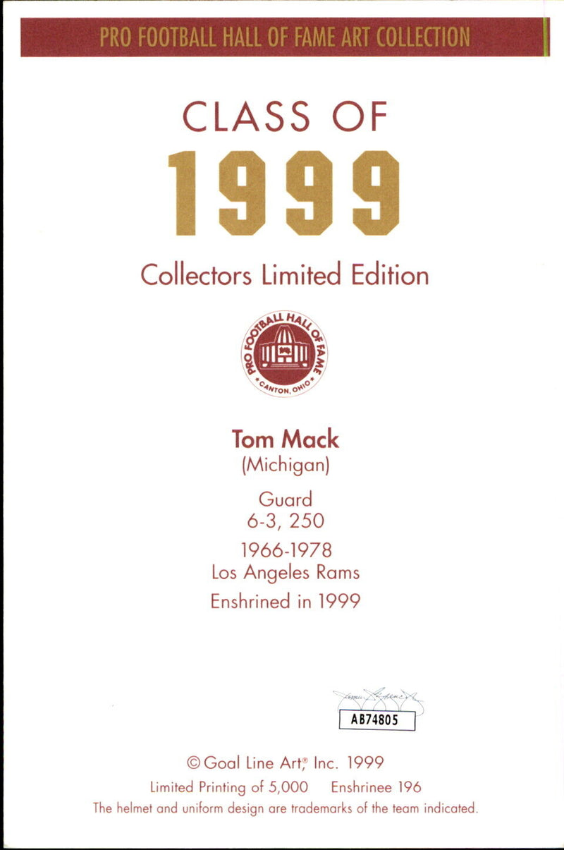 Tom Mack HOF Autographed/Inscr Goal Line Art GLAC Postcard Los Angeles Rams JSA