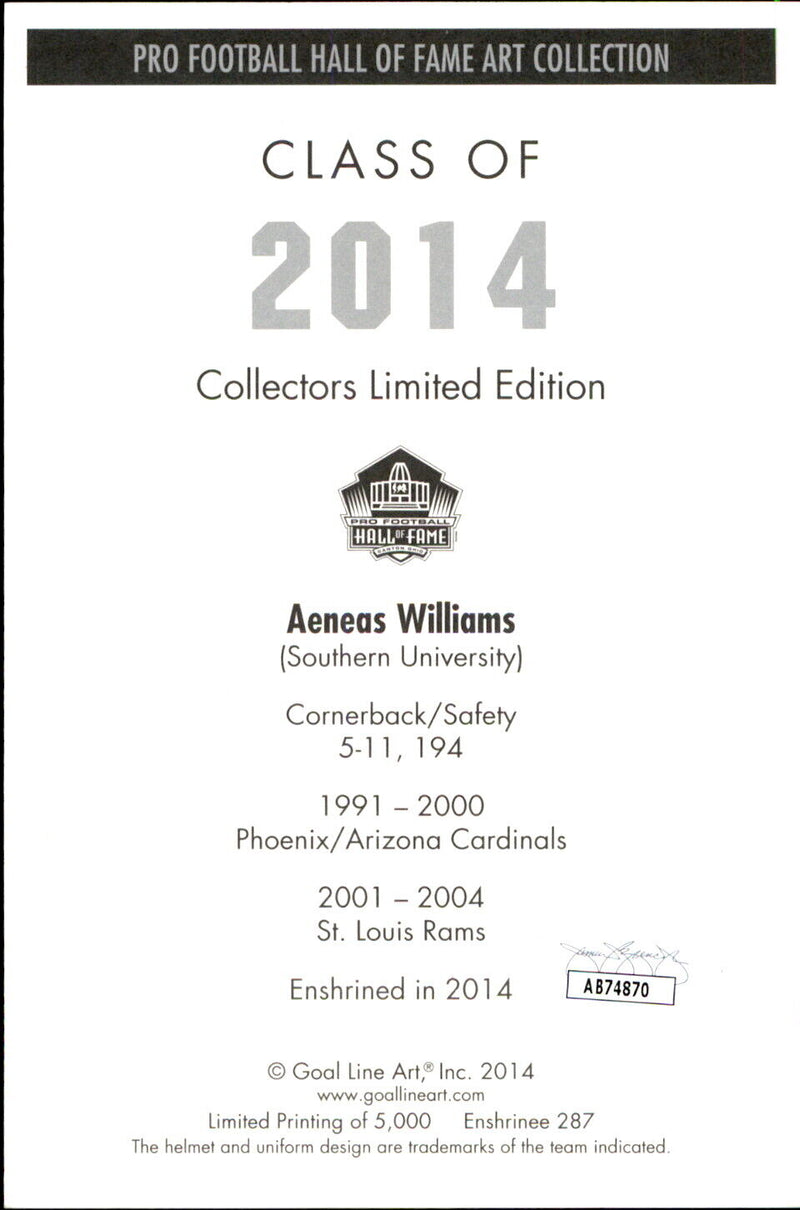 Aeneas Williams HOF Autographed/Inscr Goal Line Art GLAC Postcard Cardinals JSA