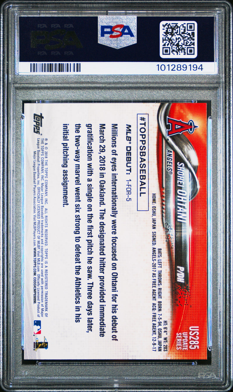 Graded 2018 Topps Update Shohei Ohtani #US285 Rookie RC Baseball Card PSA 10 Gem Mint