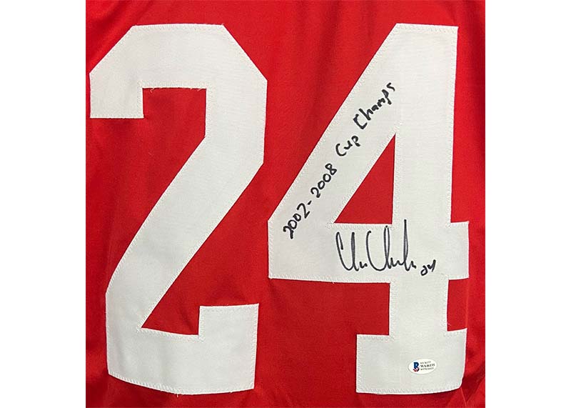 Chris Chelios Autographed Custom Red Hockey Jersey Blackett 2002-2008 Cup Champ Inscription