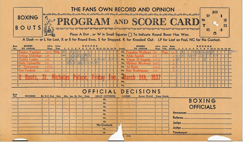 1937 Paulie Walker vs. Bobby Wilson Boxing Program at St. Nichols Palace 144834
