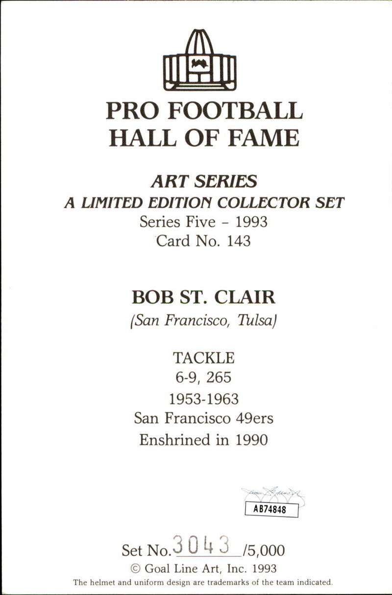 Bob St. Clair HOF Autographed Goal Line Art GLAC Postcard 49ers JSA