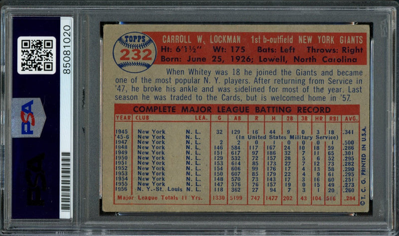 Whitey Lockman Signed 1957 Topps Card #232 New York Giants PSA/DNA 184194