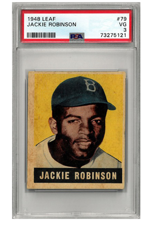 1948 Leaf Jackie Robinson trading card in a protective case with grading information.