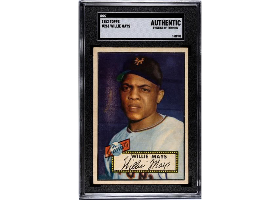Baseball trading card of Willie Mays with a black frame and 'Authentic' label.