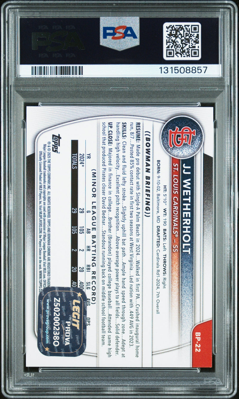 Graded 2025 Topps Bowman JJ Wetherholt #BP-22 Prospects Rookie RC Baseball Card PSA 10 Auto Grade Gem Mint