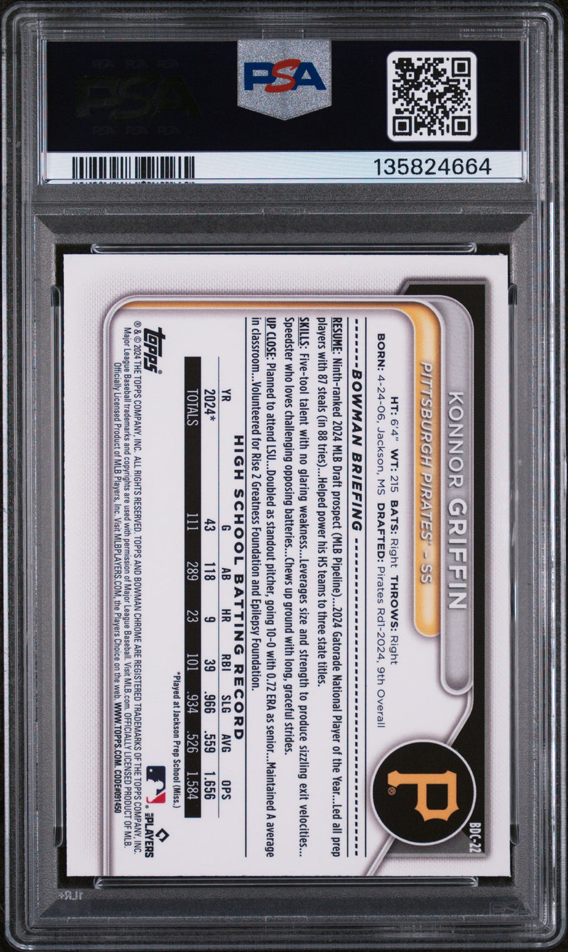 Graded 2024 Topps Bowman Draft Konnor Griffin #BDC22 Chrome Lunar Glow Refractor Rookie RC Baseball Card PSA 9 Mint