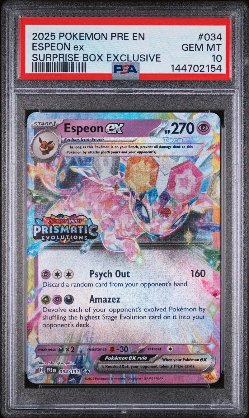 Graded 2025 PKM PRE EN Espeon Ex #034 Surprise Box Exclusive SBE Prismatic Evolutions Trading Card Game PSA 10 Gem Mint