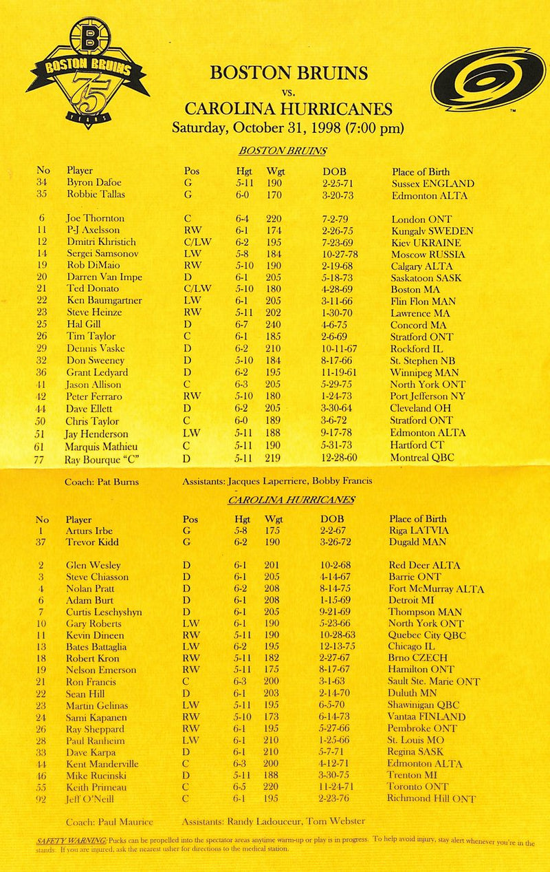October 31 1998  Boston Bruins vs Carolina Panthers Offical  Game Program 182016