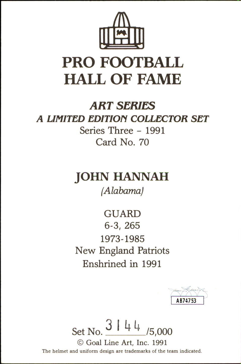 John Hannah HOF Autographed/Inscr Goal Line Art GLAC Postcard Patriots JSA