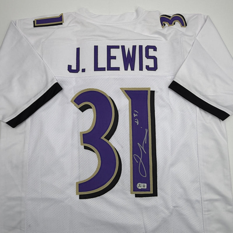 Autographed/Signed Jamal Lewis Baltimore White Football Jersey Beckett BAS COA