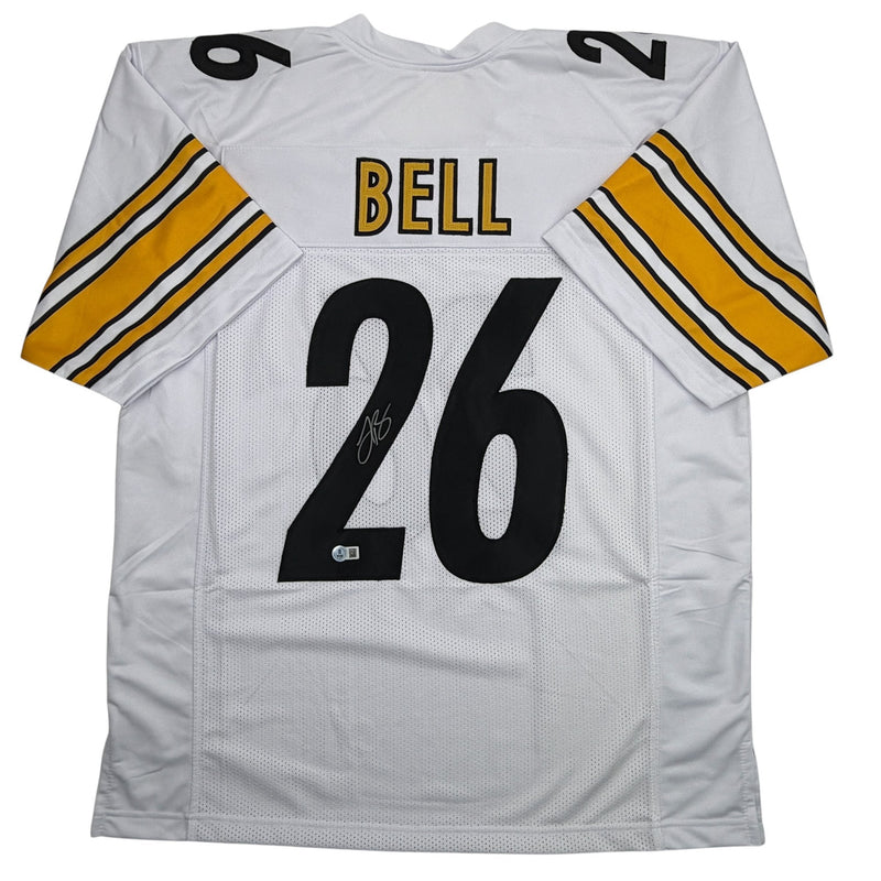 Autographed/Signed Le'Veon LeVeon Bell Pittsburgh White Football Jersey Beckett BAS COA