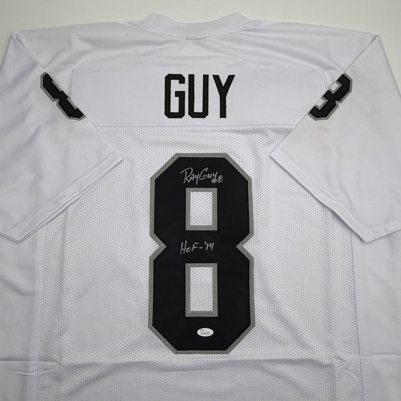 Autographed/Signed Ray Guy HOF 14 Oakland Las Vegas White Football Jersey JSA COA