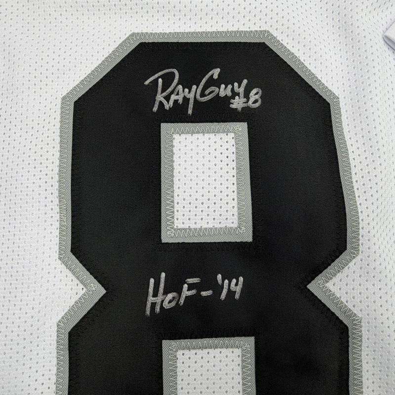 Autographed/Signed Ray Guy HOF 14 Oakland Las Vegas White Football Jersey JSA COA