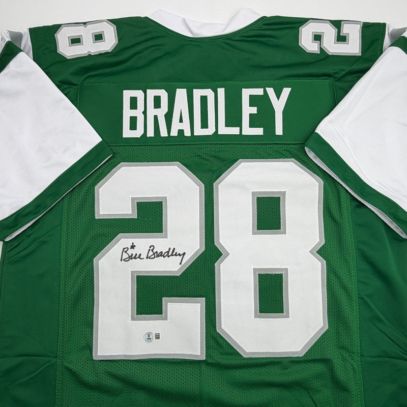 Autographed/Signed Bill Bradley Philadelphia Kelly Green Football Jersey Beckett BAS COA